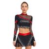 Womens Cheerleading Costume Set Long Sleeve Rhinestone Crop Top Matching Dance Skirt Performance Outfit