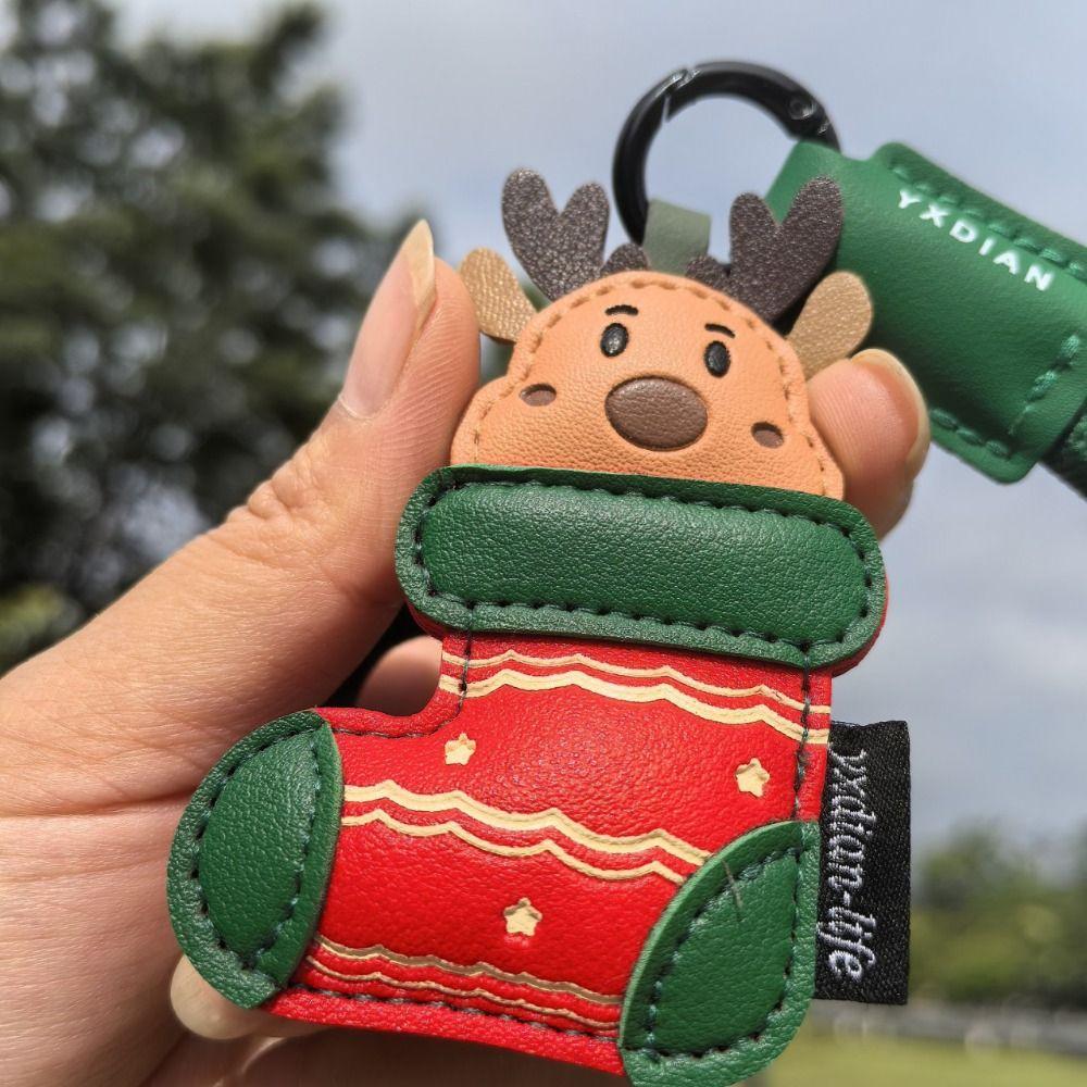 Green Strap Christmas Keychain Charm Cute Pendant Elk Key Ring Santa Claus Keychain  Luggage Tag
