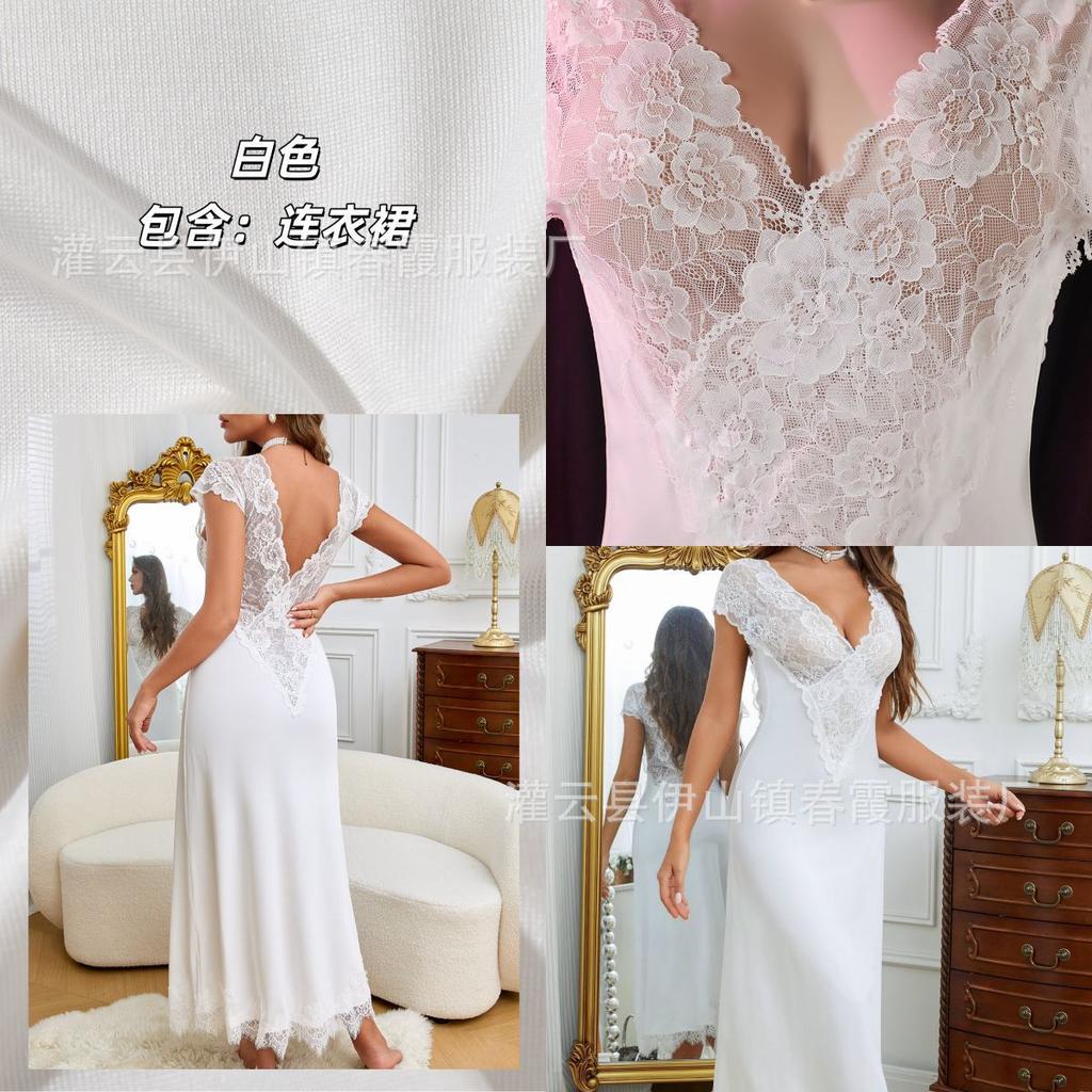 Стиль чистого желания длинная ночная рубашка женская сексуальная V-образный вырез кружево короткий рукав разрезы пижама одежда для дома