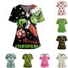 Women's Christmas Print V-Neck Double Pocket Short Sleeve Uniform Top With Slit Hem
