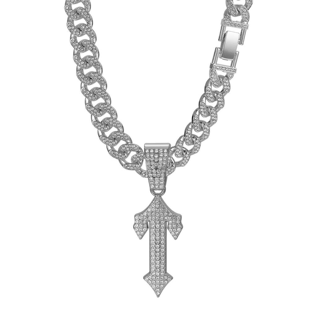 European-American Hip-Hop Style Cuban Necklace with Large Sword Alloy Full Diamond Pendant Trendy Men's Jewelry