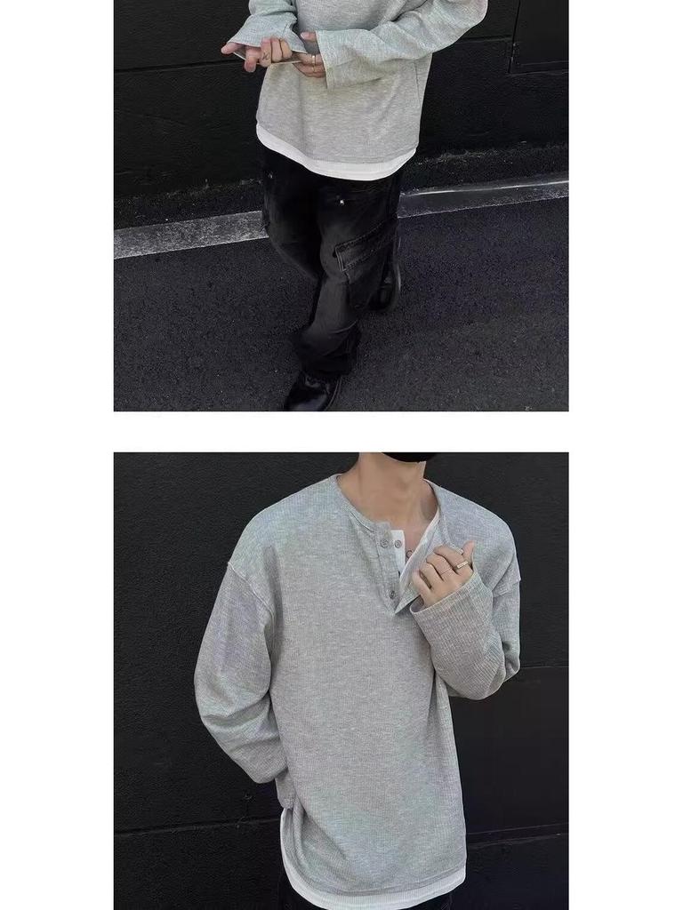 Мужская осенняя футболка в корейском стиле облегающего кроя с длинным рукавом и застежкой хенли