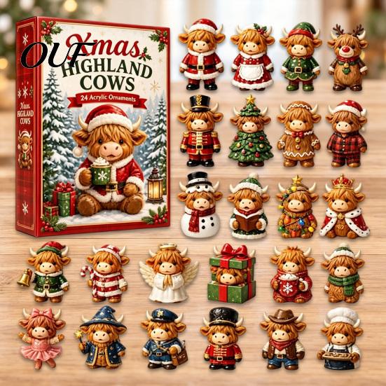 Thanksgiving Ornament Set Christmas Highland Cow Advent Calendar, 24 Cute 3D Collectible Mini Fall Harvest Countdown Calendar Figures, Farmhouse