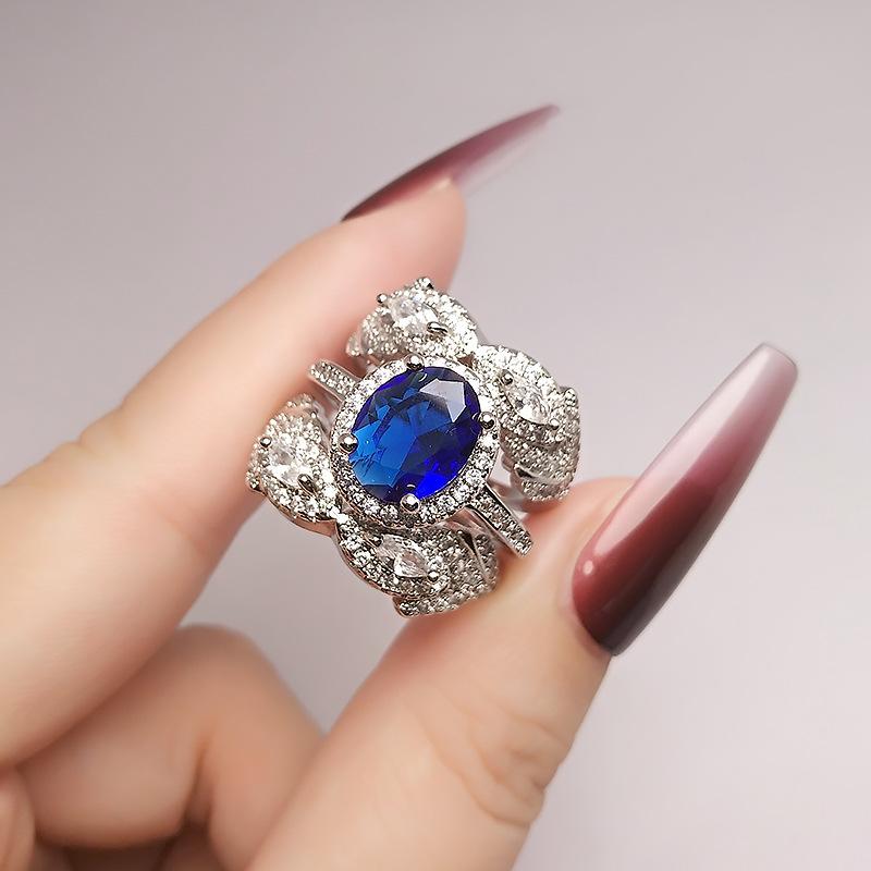 One Or Two Wearing Imitation Emerald Rings, Female Heavy Industry Luxury High-End Sense High Carbon Diamond Red Corundum Full Diamond Blue Stone Rings
