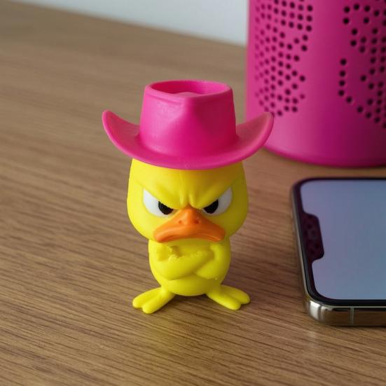 Humorous Home Accents Angry Duck Desk Figurine, 3D Printed Yellow Office Decoration with Cowboy Unique Shelf Displays Hat, Little Animal Ornament for
