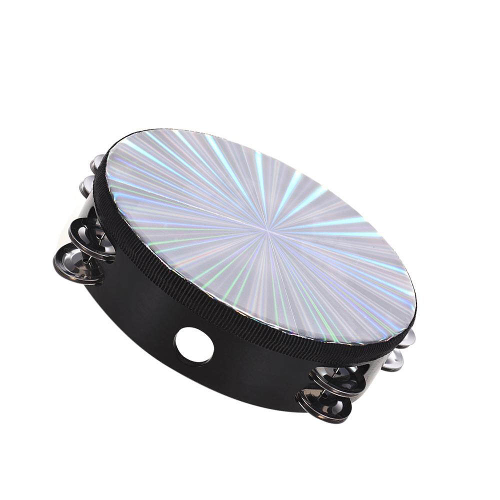 10 Inch Wooden Radiant Tambourine Hand Hand with Double Row Jingles Reflective Head Musical Percussion Instrument