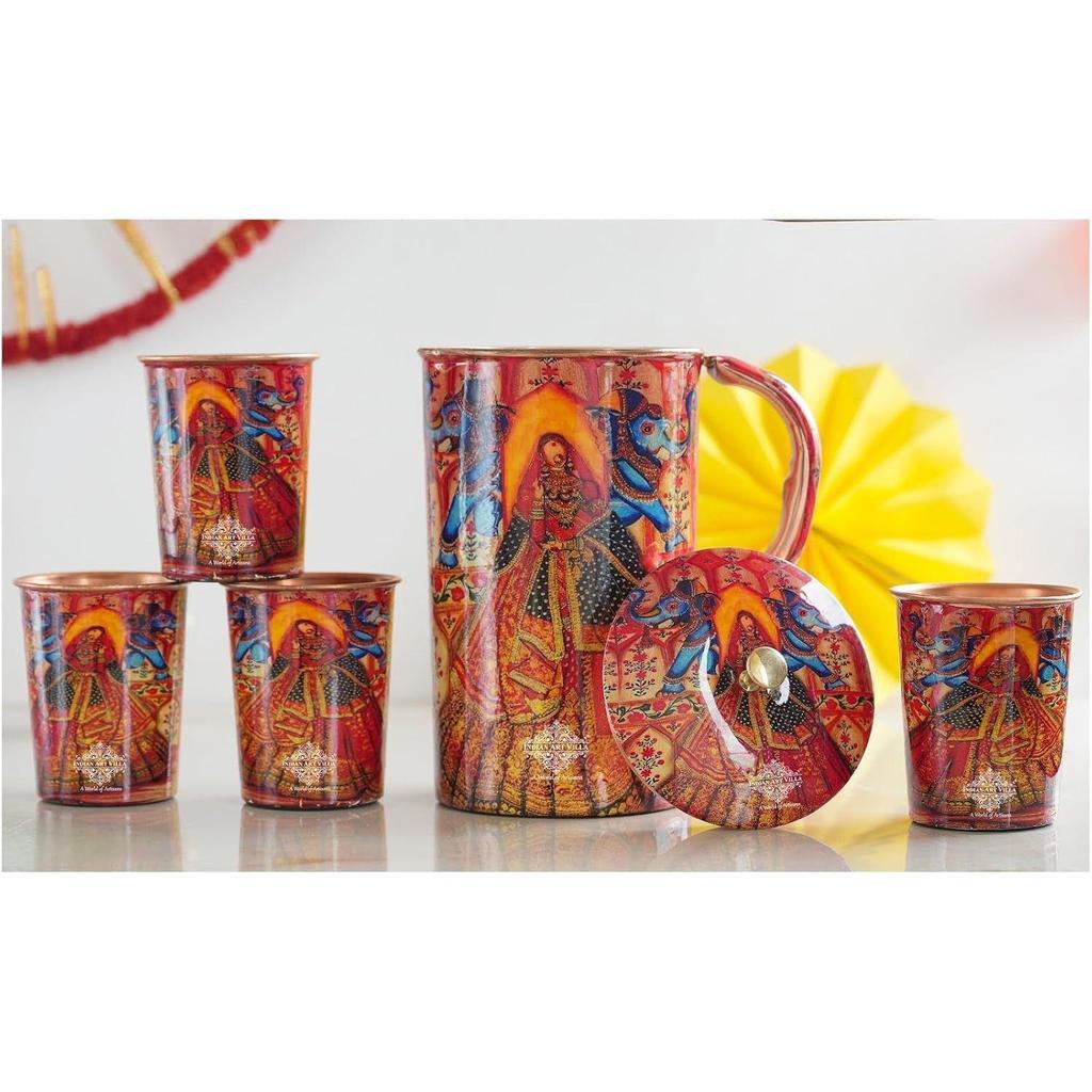 Meena Padharo Mhare Desh Theme Copper Gift Set of 1 Jug & 4 Glass - Perfect for Home, Office, and Gifting, Jug-1.5 Litre & Glass-270 ML Each