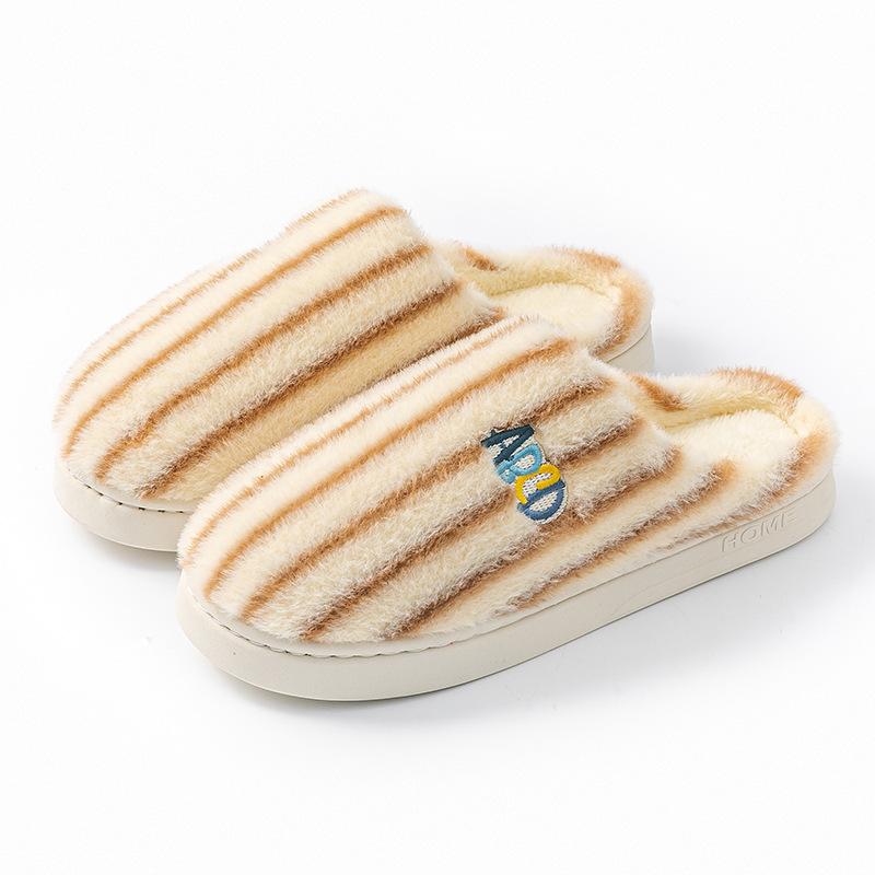 Cotton Slippers Autumn and Winter Indoor Home Non-slip Thick Bottom Couple Style Velvet Warm Color Striped Cotton Mop