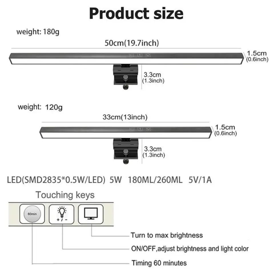 Eye-Care Desk Lamp 33cm 50cm LED Computer PC Monitor Screen Light Bar Stepless Dimming Reading USB Powered Hanging Table Lamps
