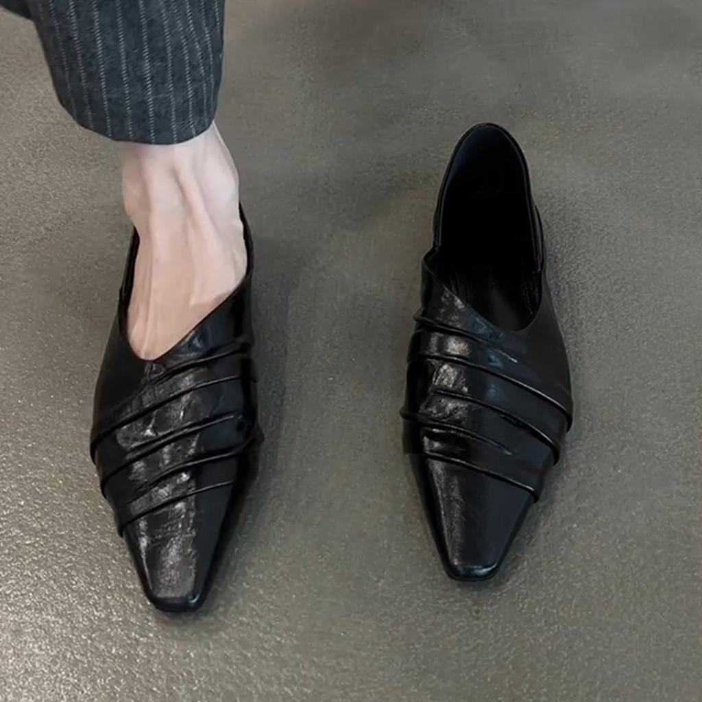 Sheepskin Version~ New Design Wrinkled Leather Small Square Head Single Shoes One Pedal Commuting Wear Flat-soled Small Leather Shoes