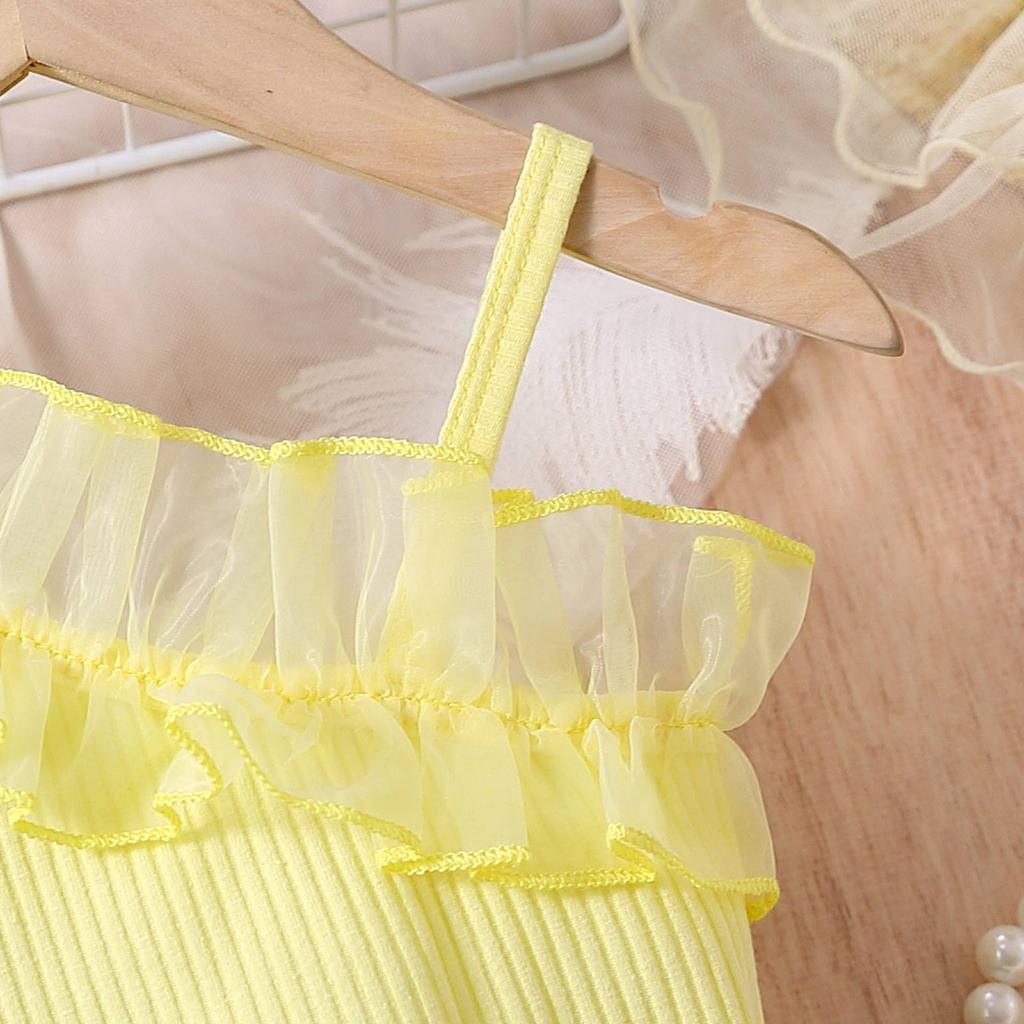 Комплект одежды для девочек, весна-лето, детская повседневная юбка с косыми бретелями, сетка, кружево, короткий рукав, плиссированная юбка, два комплекта