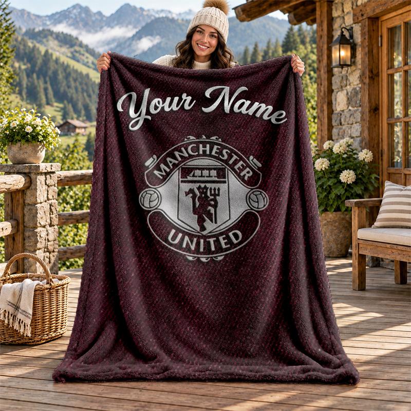 FC Manchester Custom Name Flannel Blanket Personalized Soft Warm Plush Throw Blanket Customized Gift for Family Friends
