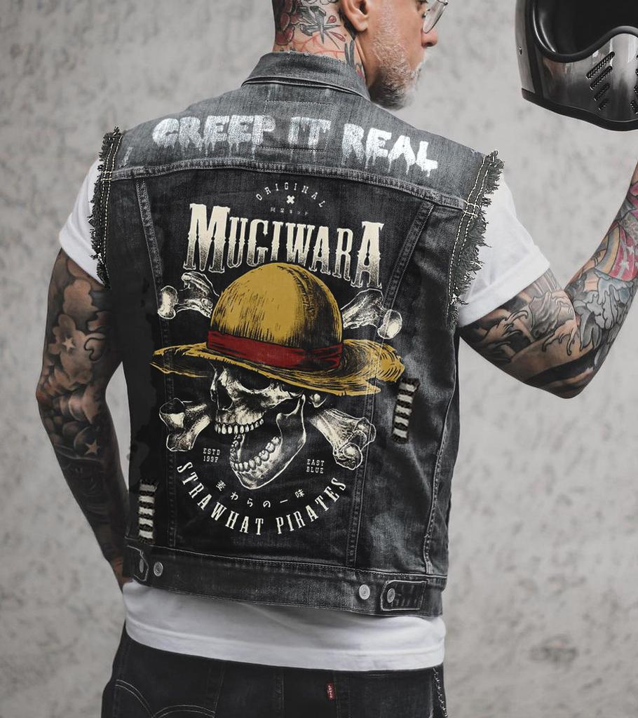 2439 * костей черепа для потертого мотоцикла с принтом, повседневный джинсовый жилет в мужском стиле