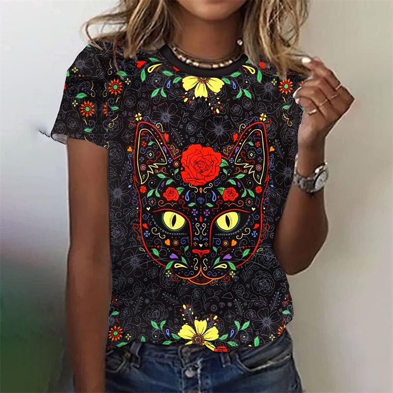 Футболка с цветочным узором и рисунком кошки для женщин, красочные футболки с 3D-принтом в виде животных, летние модные уличные футболки с круглым вырезом, короткие рукава