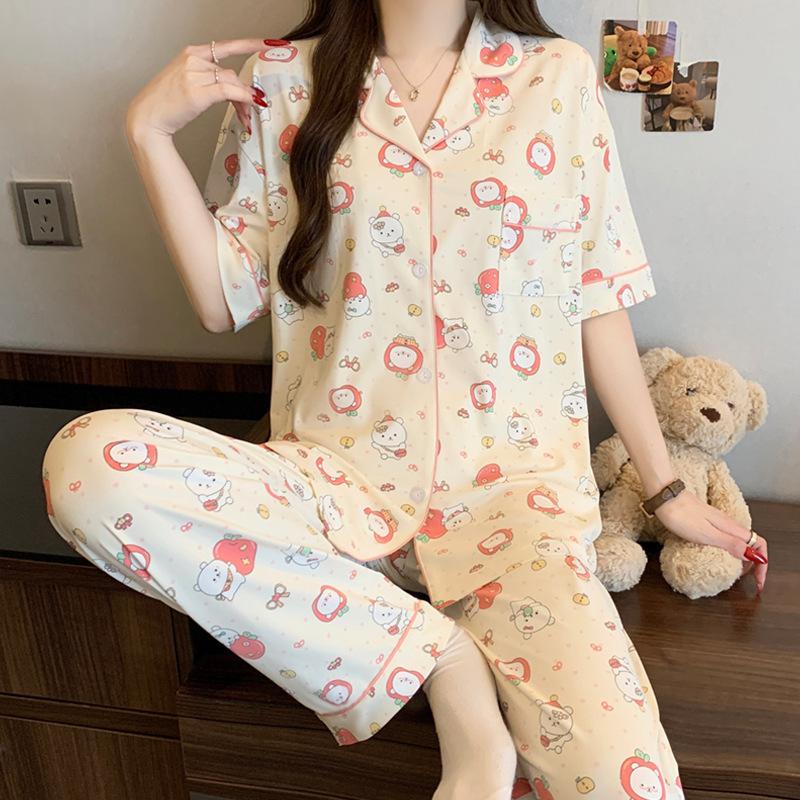 Light luxury leopard print ins style fashion spring new imitation cotton pajamas women's casual short-sleeved trousers two-piece set
