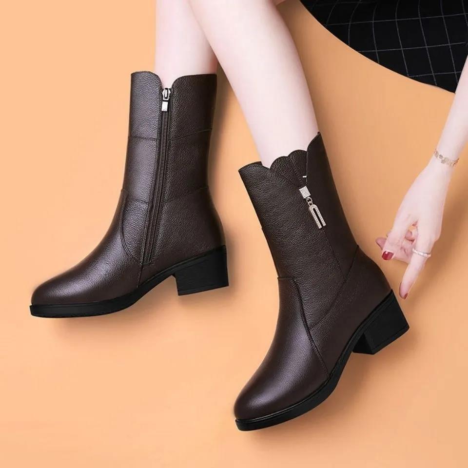 Autumn and Winter Plus Velvet Warm Soft Leather Mid-tube Boots Mid-heel Cotton Boots