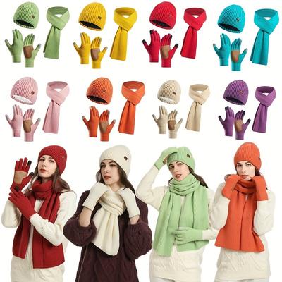 Унисекс комплект из 3 предметов: зимняя шапка, перчатки, шарф, 2025, вязаное полотно, эластичный, ручная стирка, толстый и теплый, для ношения на улице, конфетный цвет, идеально для пар