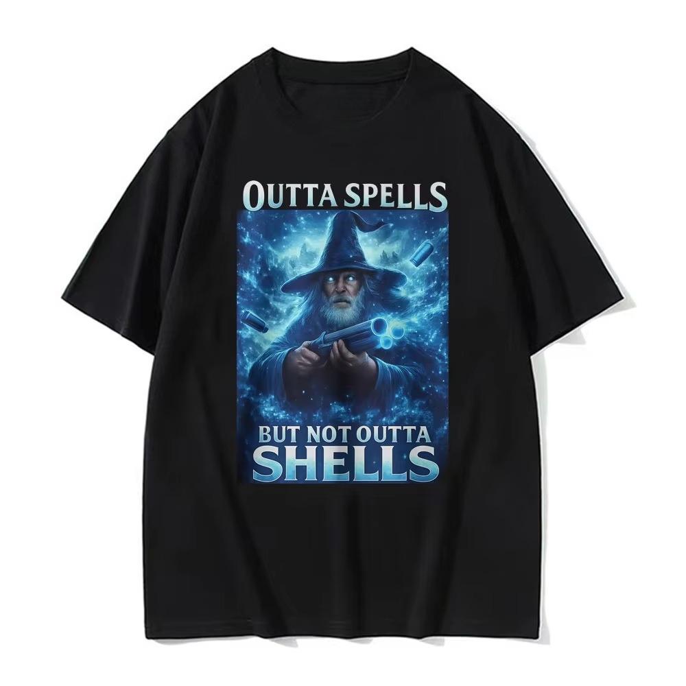 Outta Spells But Not Outta Shells Ironic Wizard Funny Fantasy Meme T Shirts Men Women Summer Tops pure Cotton Tshirt Streetwear
