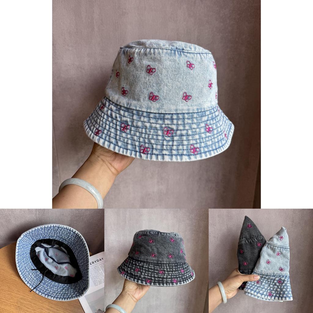 Summer Sun Shade Bucket Hat With Cotton Denim Material And Embroidered Cartoon For Women