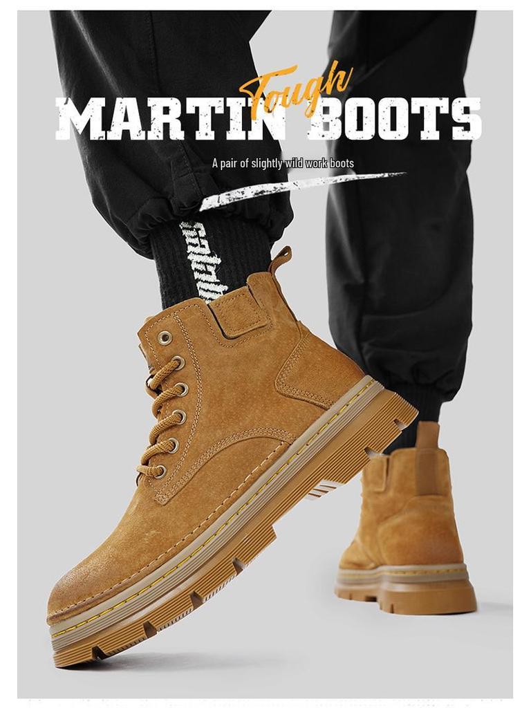 Мужские ботинки Мартин из натуральной кожи с высоким берцем - Желтые ретро зимние ботинки для снега с плюшевой подкладкой
