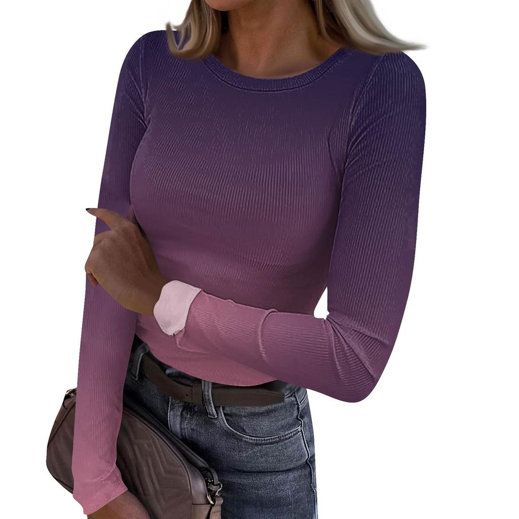 Women's  And Winter Slim Bottom T-shirt Fashion Casual Gradient Printing Round Neck Pullover Long Sleeve Top