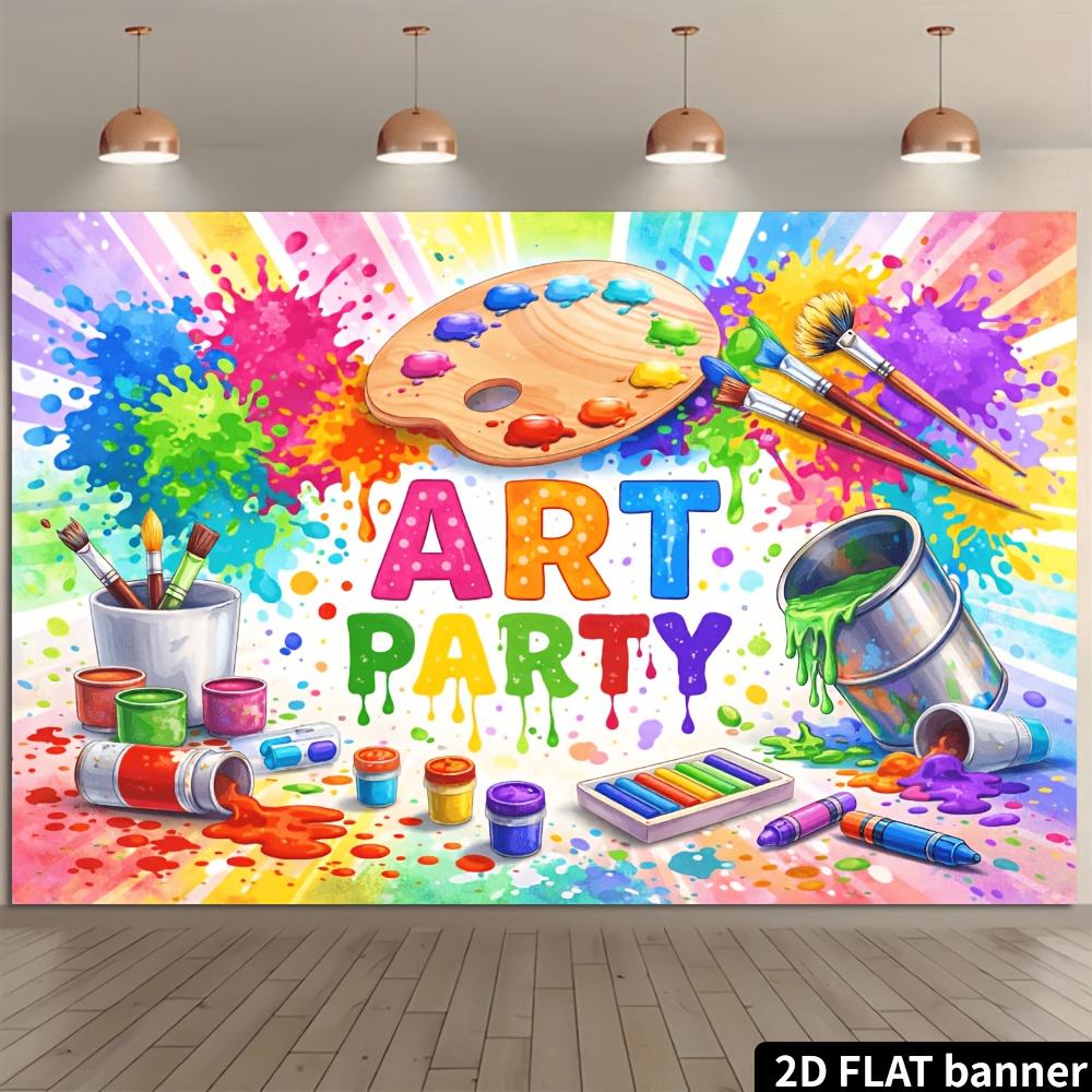 2D plane art party banner background with watercolor graffiti theme, accompanied by paint cans