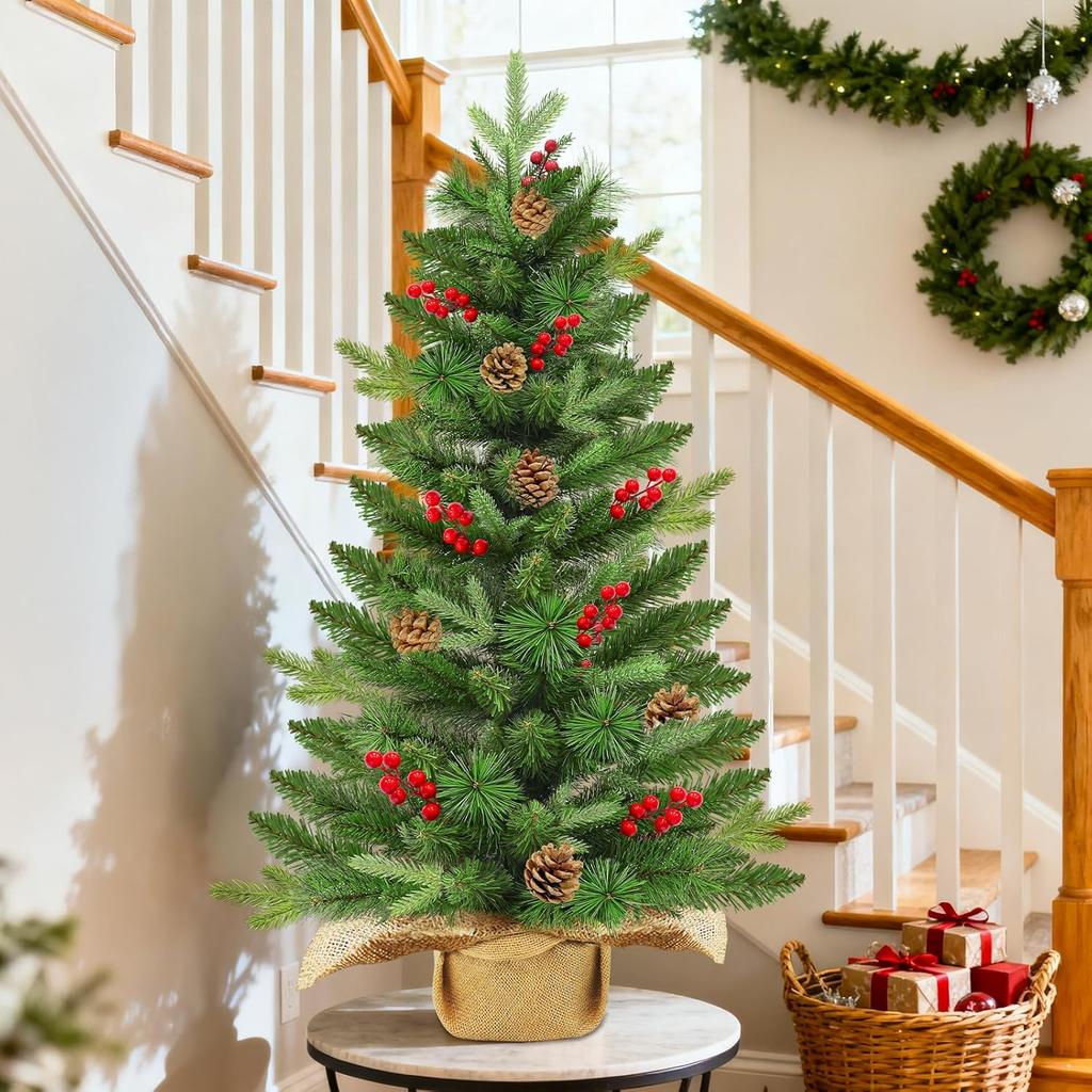 Искусственная рождественская елка 3 фута с двухцветными огнями, таймером, ПЭ+ПВХ ель, сосновые шишки, красные ягоды, джутовая основа
