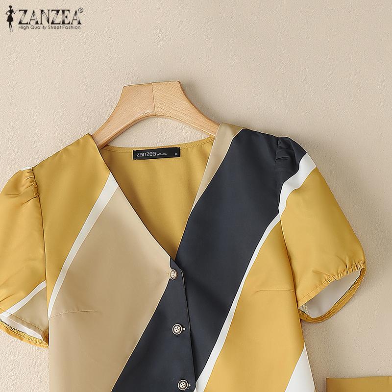 ZANZEA Женский летний комплект из двух частей: блузка с коротким рукавом и шорты с принтом