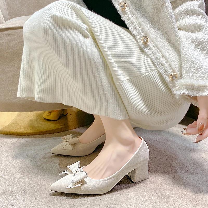 Fashion Women's Slip On High Heels Shoes Fashion Pointed Toe Bow Shoes Casual Large Size Comfort Platform Sandals White Female Footwear