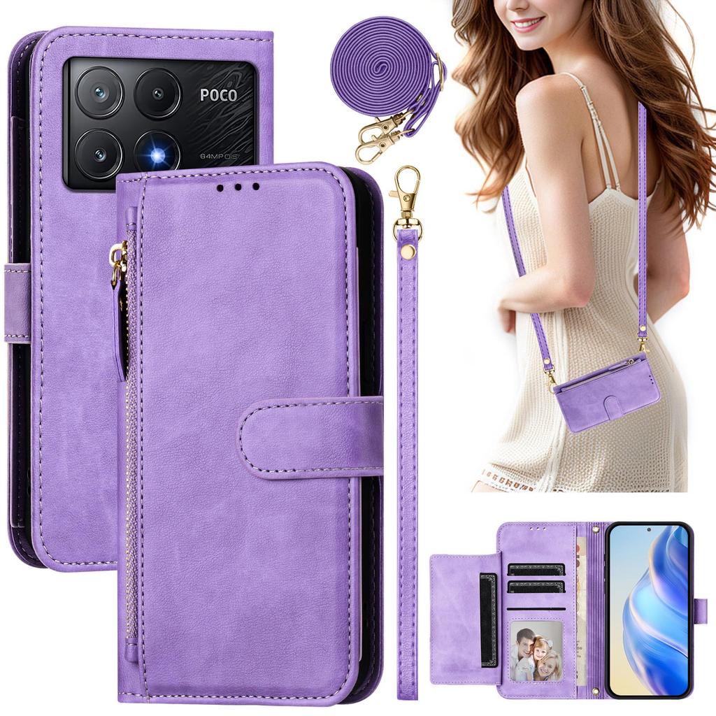 Кошелек-сумка через плечо на молнии с отделениями для карт, кожаный чехол для Xiaomi POCO X7 Pro X6 F7 Ultra, многофункциональная сумка, длинный ремешок, карман, подставка, крышка