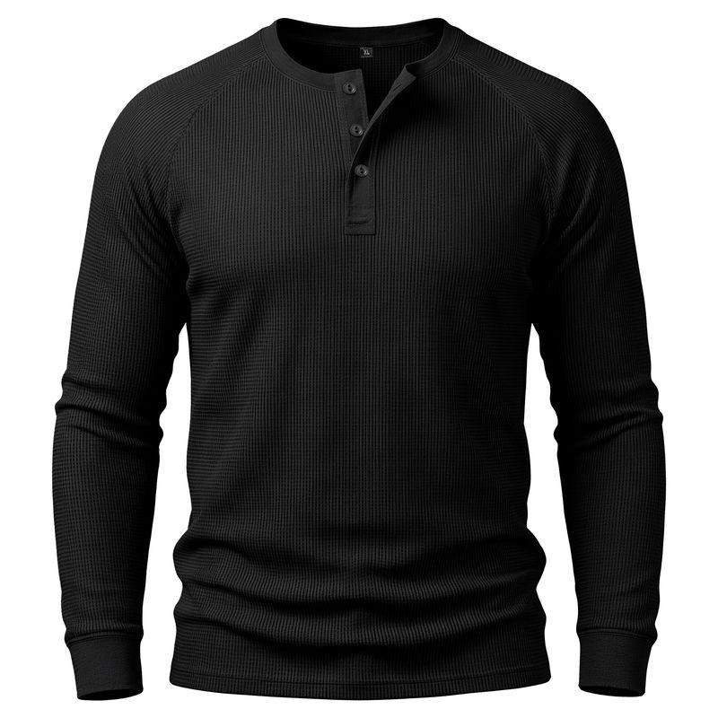 Мужская повседневная футболка-henley с длинным рукавом, однотонная, базовая