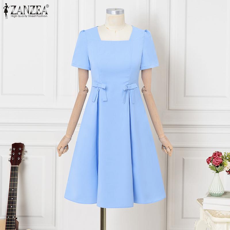 ZANZEA Женское повседневное летнее платье А-силуэта с квадратным вырезом и короткими рукавами