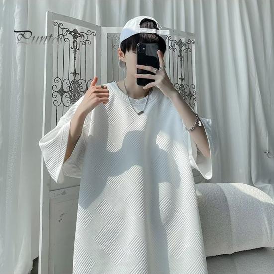 Летняя мужская футболка с круглым вырезом, свободная средней длины, сплошной цвет, вафельная текстура, плюс размер, половина рукава, уличная одежда в японском стиле, топ на открытом воздухе