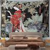 Geisha in Red Kimono with Floral Garden Pattern Wall Hanging Tapestry Decorative Tapestry Home Decor for Bedroom and Living Room
