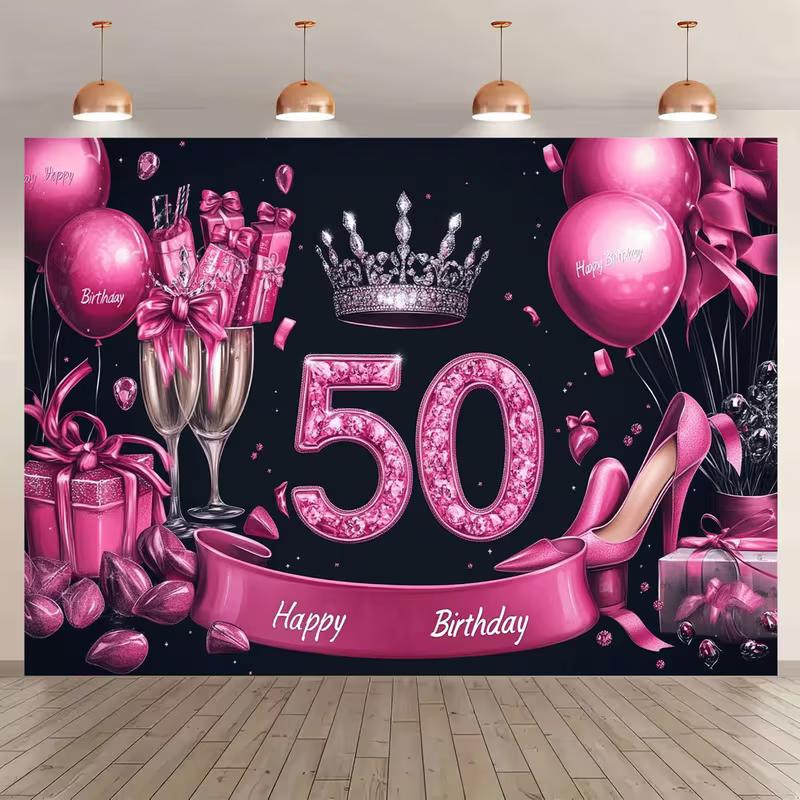 2D Глянцевый Черно-Розовый Фон для Фотосессии 50-й Счастливый День Рождения с Туфлями и Подарками