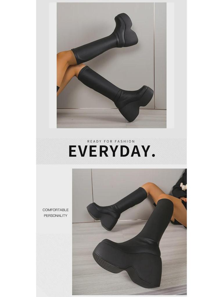 Dropshipping2024 Punk Thick-Soled Wedge High-Top Boots 40-43: European & American Fashion Women's Boots