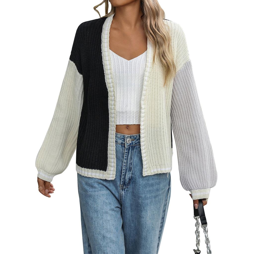 Women's Fashion Loose Splicing  Knitted Cardigan Coat Sweater