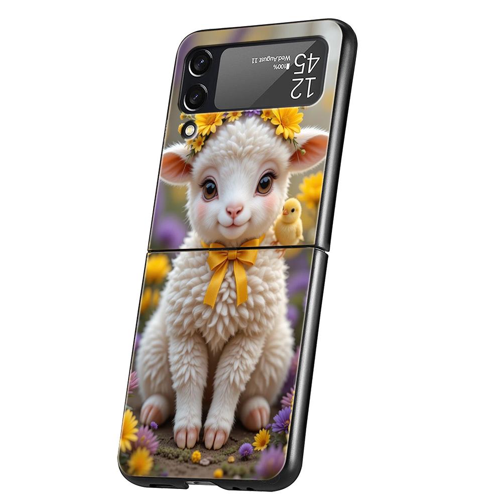 Hard PC Phone Case For Samsung Galaxy Z Flip 7 6 5 4 Black Cover For Galaxy Z Flip 3 Foldable Capas Cute Little Lamb Angel Sheep