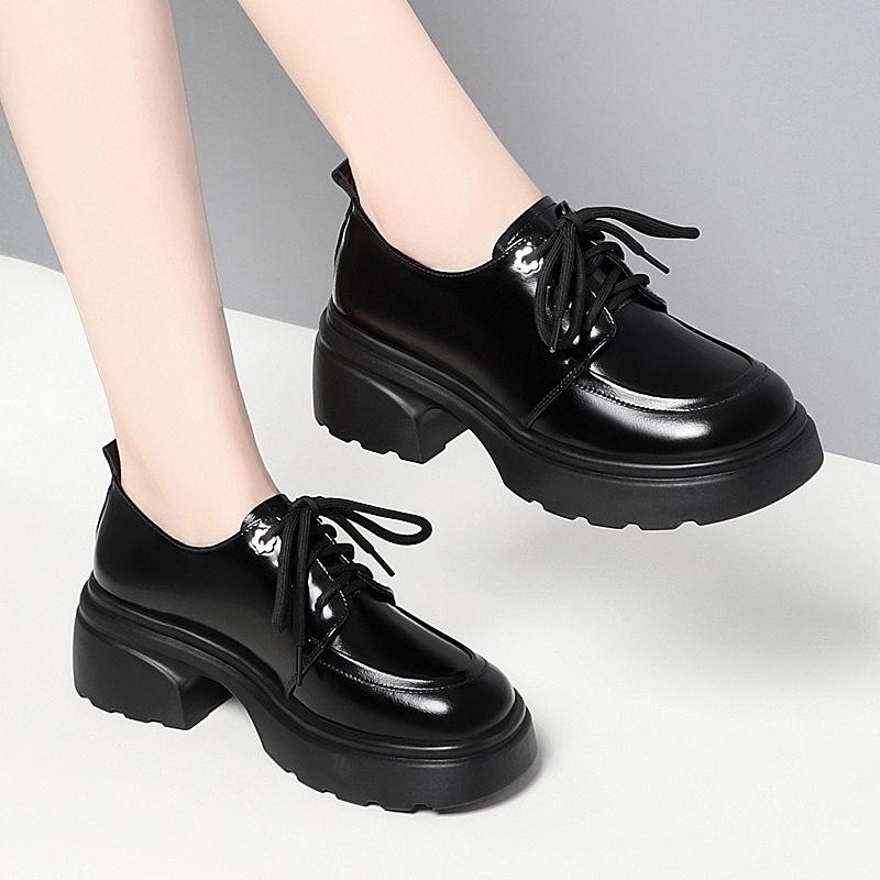 Женские Весна Новая Мода Черные Мягкая Подошва Платформа Балетки Туфли Лоферы На Шнуровке Туфли-Лодочки Повседневные Мягкая Кожа Оксфорды
