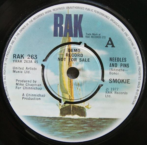 7-дюймовая пластинка SMOKIE - Needles And Pins RAK263PROMO RAK 1977 UK Рок Б/У