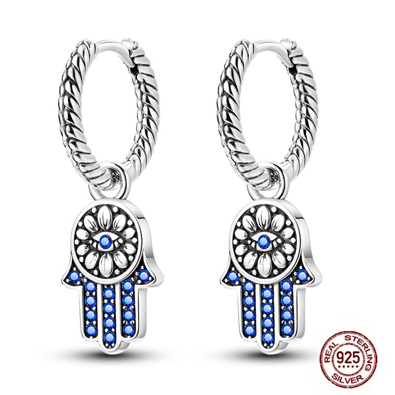 Sparkling Women Hoop Earrings 925 Copper Heart Shape Star Moon Round Blue Zircon Fit Origina Drop Earrings Zircon Holiday Gifts