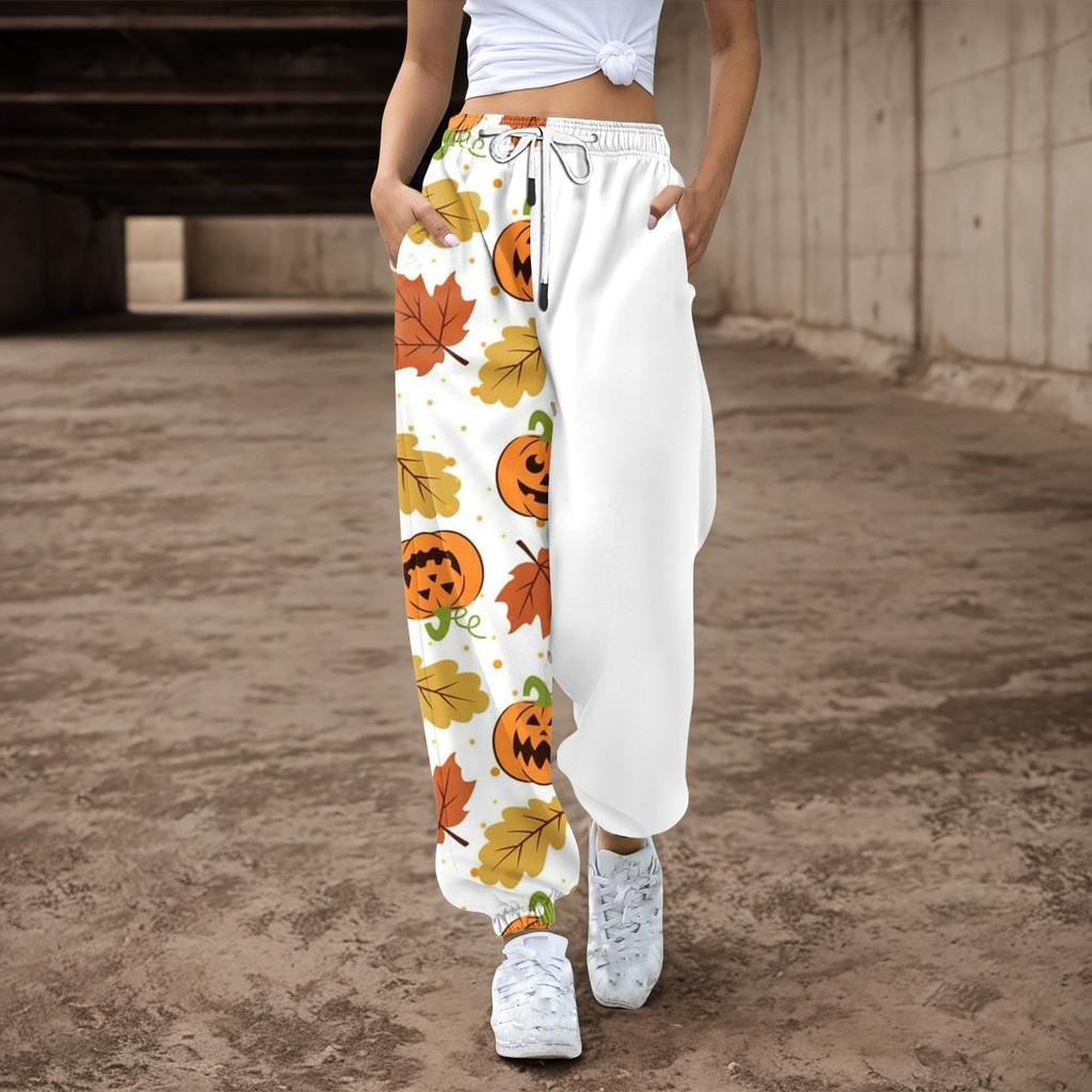 Женские повседневные брюки с принтом на Хэллоуин, эластичные брюки с завязками на талии
