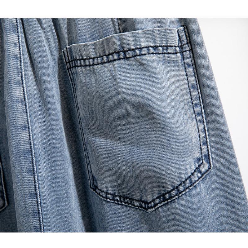 Весна Осень Новые джинсы с эластичной талией женские большие размеры модные шаровары с двойным карманом универсальные свободные брюки длиной до щиколотки