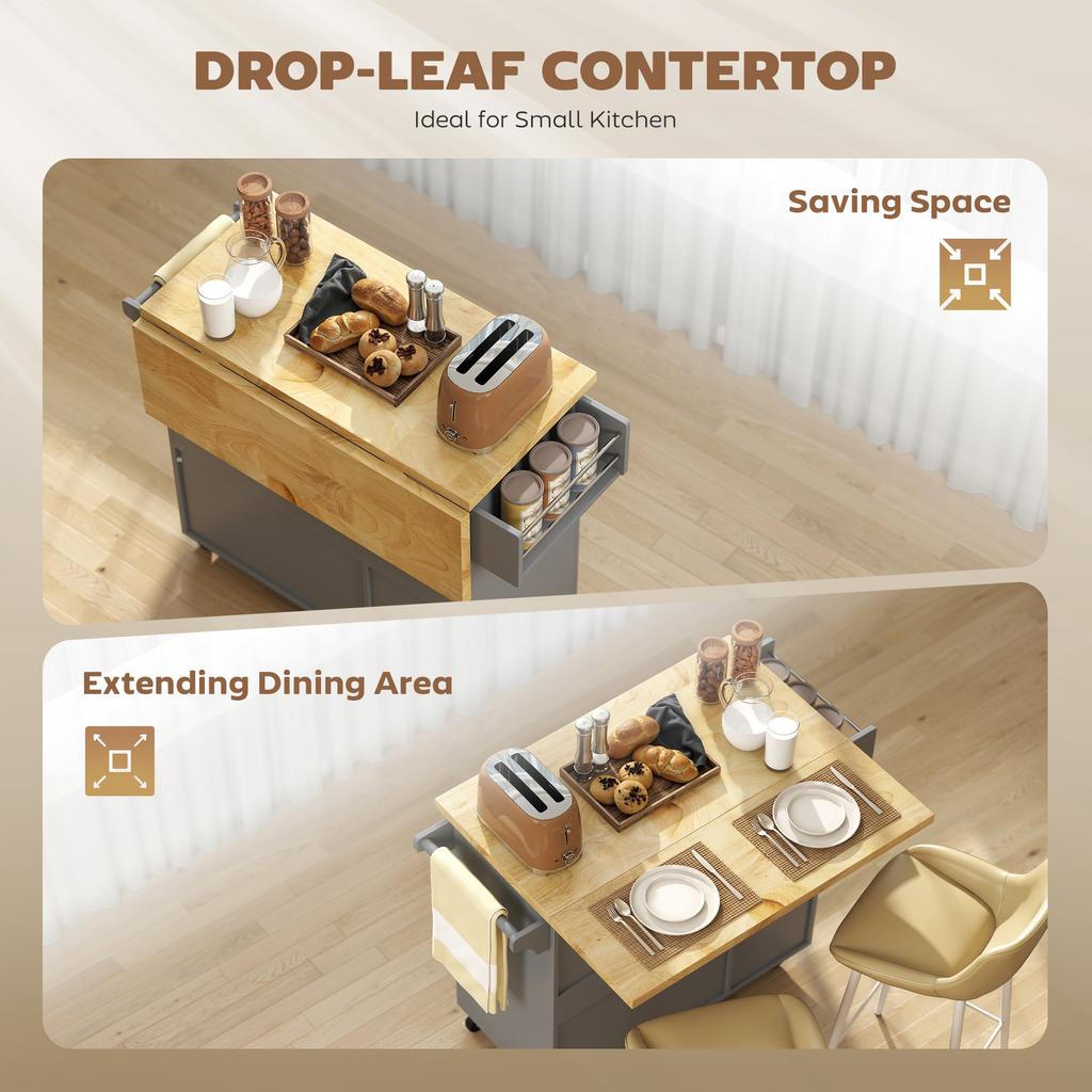 Kitchen Island On Wheels Rolling Kitchen Storage Trolley With Drop Leaf Drawers Towel And Spice Rack Grey