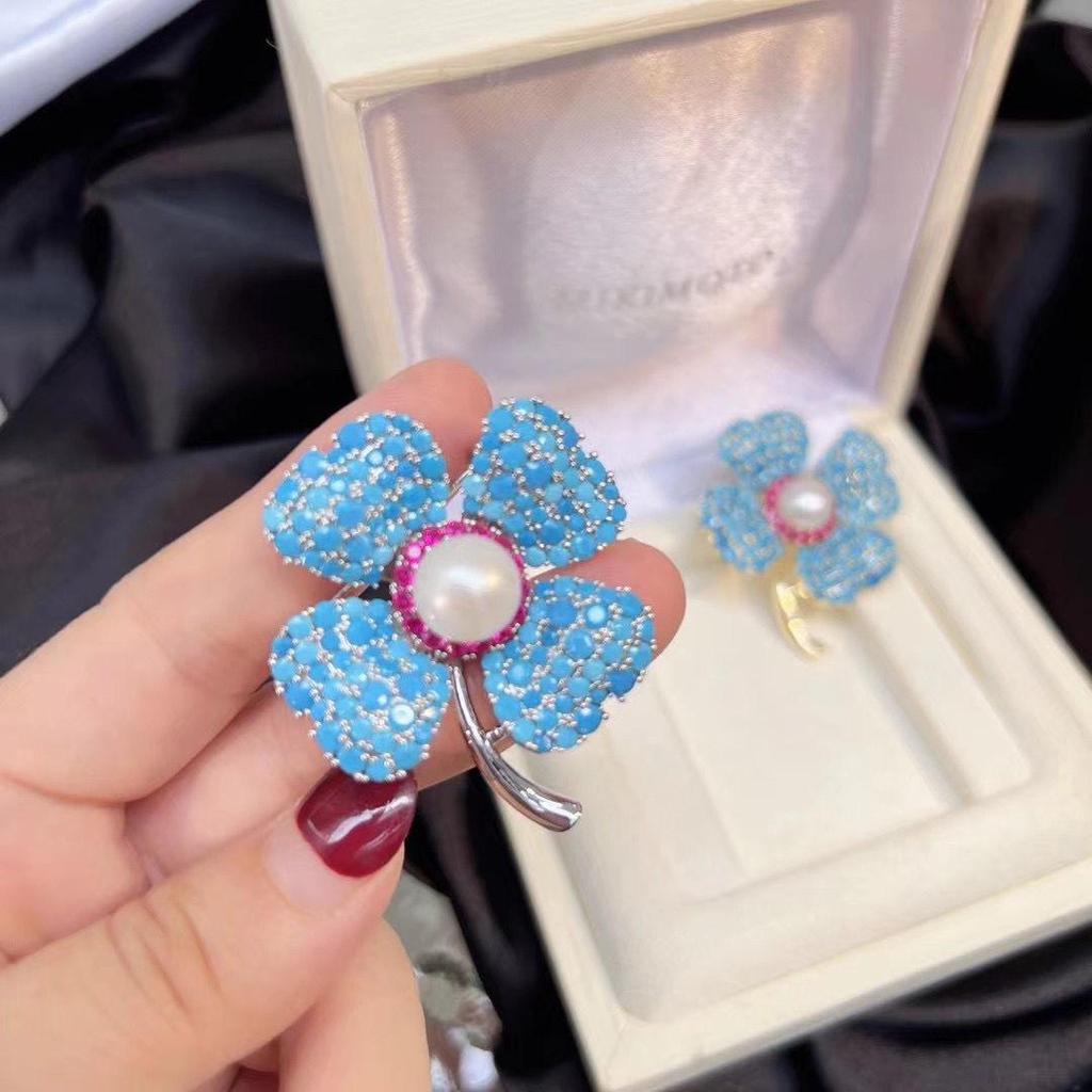 Синяя брошь-корсаж в виде четырехлистного клевера: Элегантная брошь-цветок и зажим для кардигана