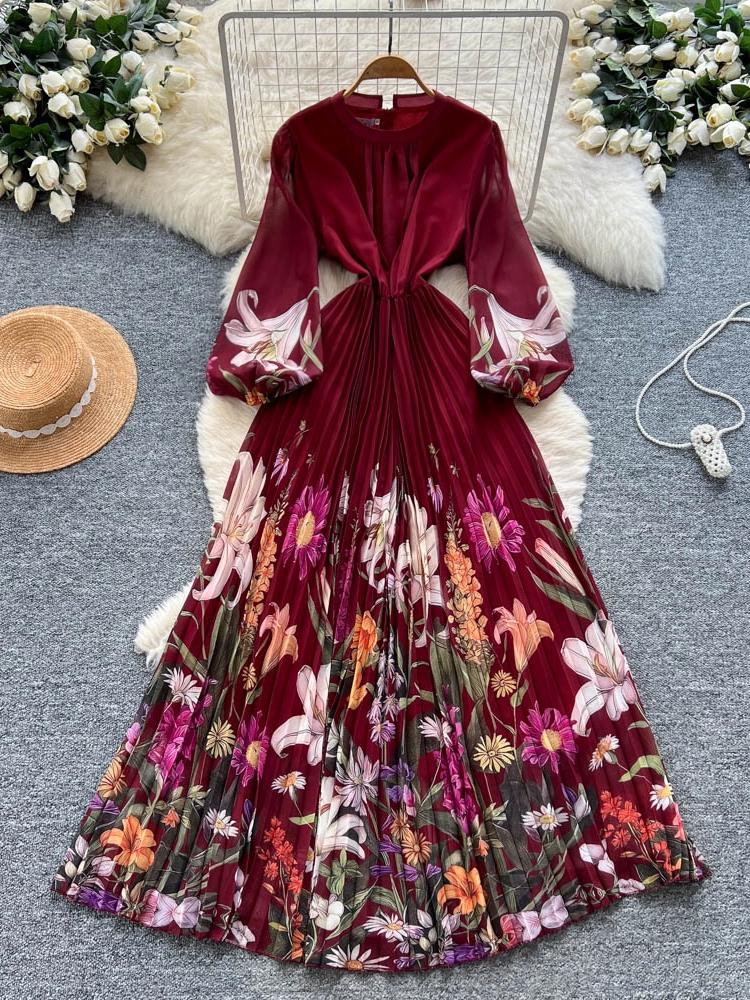 Платье с принтом высокого класса для женщин Весна Осень Приталенное и элегантное плиссированное длинное женское платье