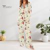 2 Pcs/Set Christmas Women Pajamas Suit Satin Santa Printing Lapel Long Sleeve Top Wide Leg Pants Sleepwear Casual Home Wear Clothes