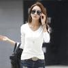 Весенне-осенняя хлопковая футболка с длинным рукавом, корейская мода, футболки больших размеров с v-образным вырезом, повседневные женские базовые футболки, женские однотонные элегантные футболки 1085