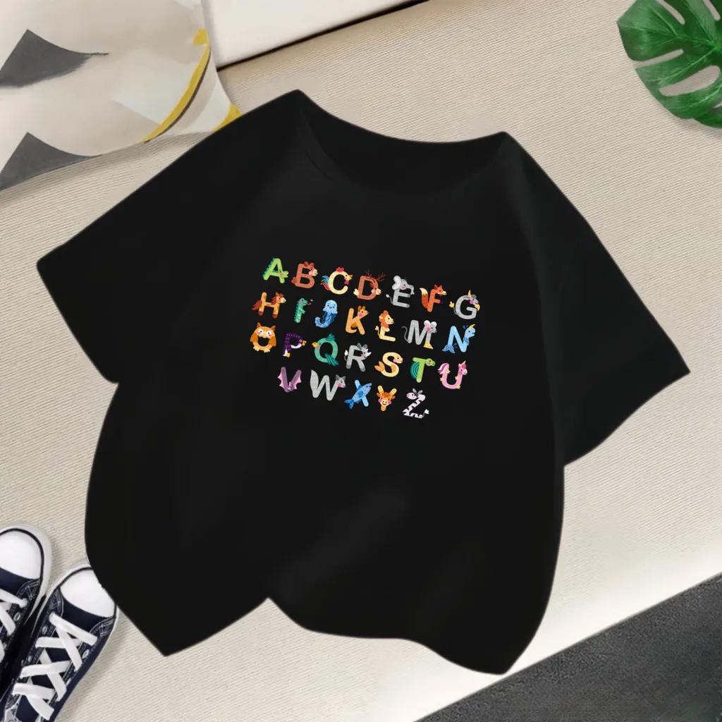 Kids Trendy Educational Theme T Shirt Bright Animal Alphabet Letters Graphic Crew Neck Short Sleeve Summer Tees