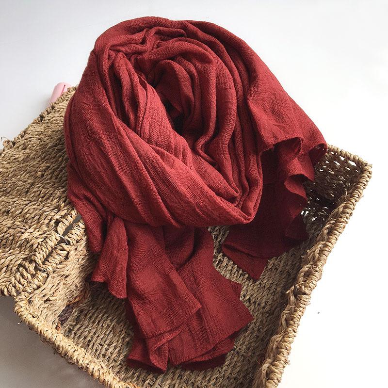 Cotton And Linen Solid Color Burgundy Japanese Scarf, Literary And Artistic Hollow Student Autumn And Winter Shawl, Thick Thermal Scarf